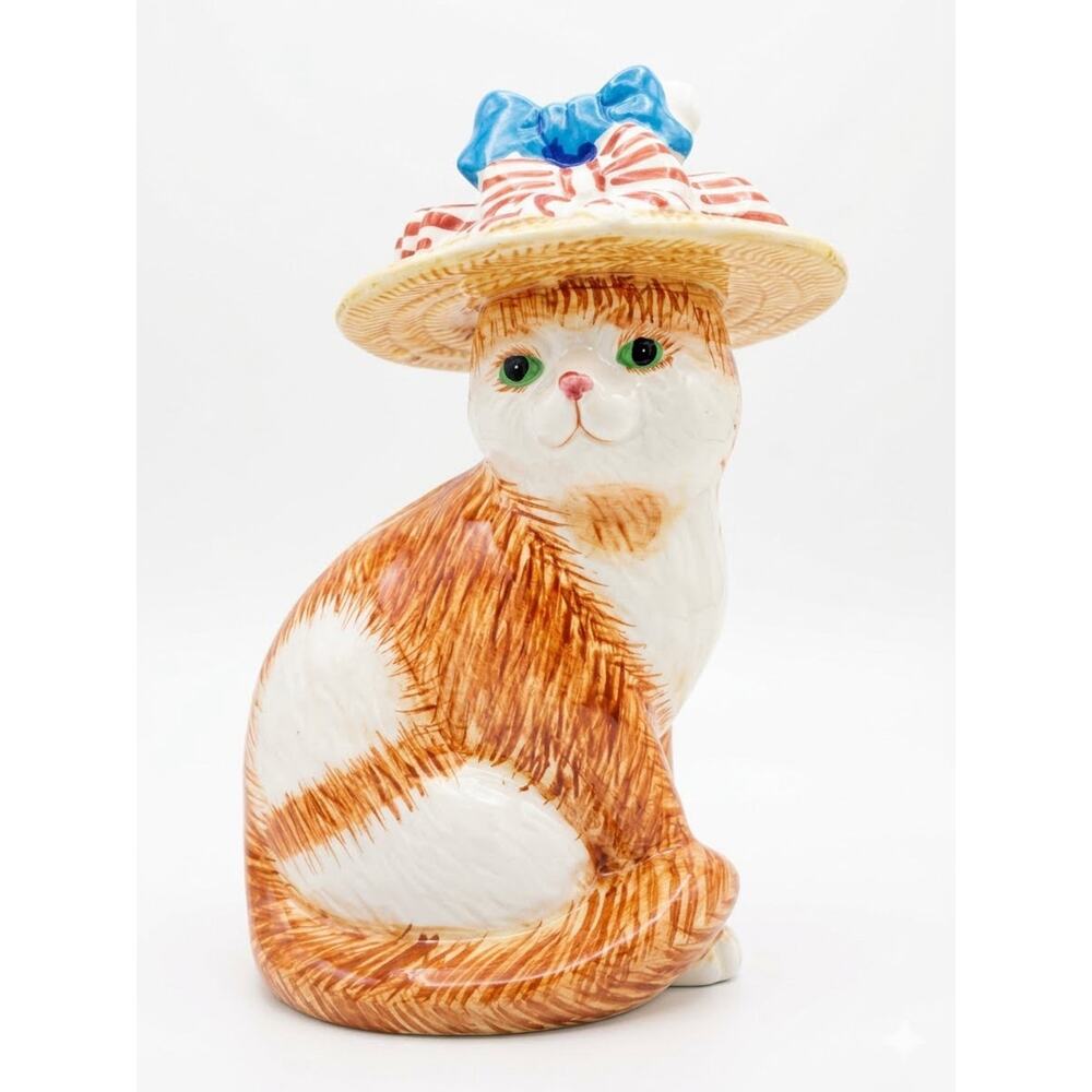 Vtg Porcelain Bank White Cat Brown Bonnet Patriotic Bow